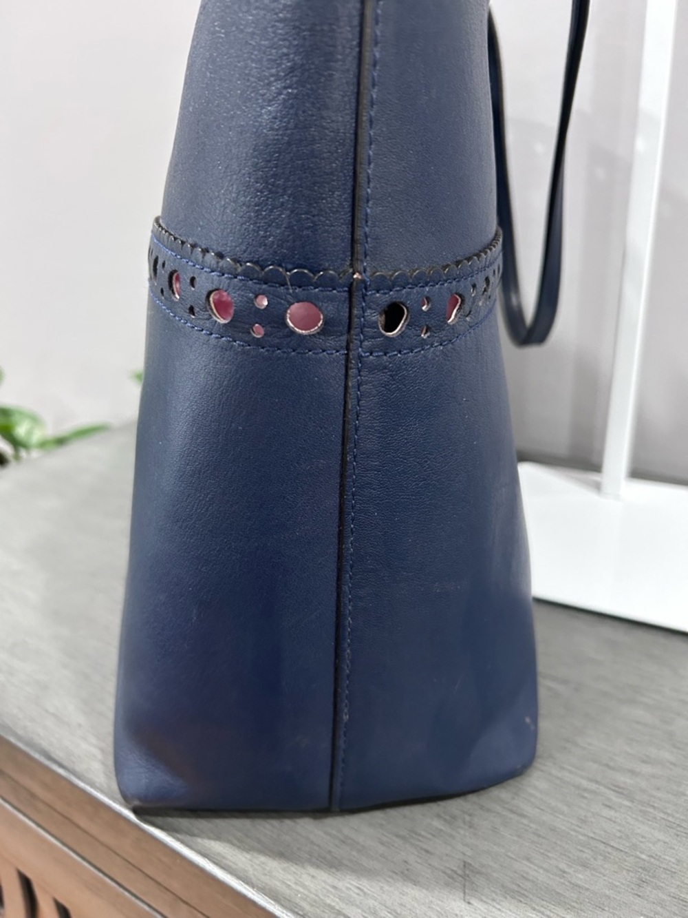 Tory Burch Navy Leather Tote with Red Accent - Picture 6 of 11